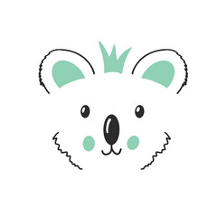 Cute Koala face. Cartoon animal simple portrait, vector illustration