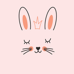 Cute Rabbit face. Cartoon animal simple portrait, vector illustration
