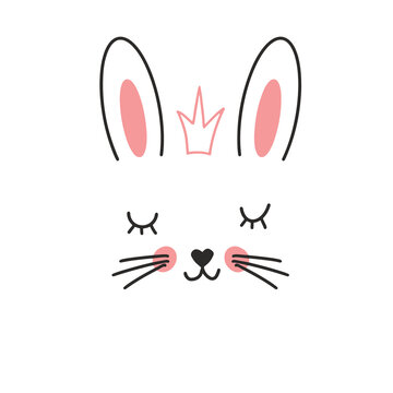 Cute Rabbit face. Cartoon animal simple portrait, vector illustration