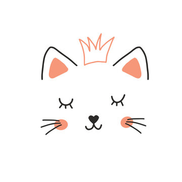 Cute Cat face. Cartoon animal simple portrait, vector illustration