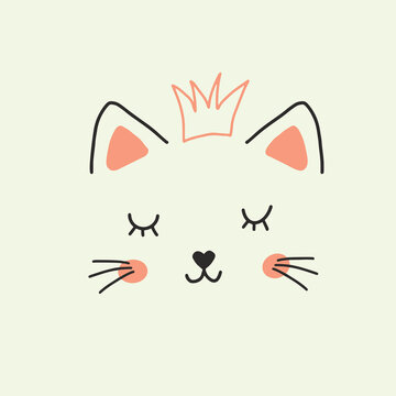Cute Cat face. Cartoon animal simple portrait, vector illustration