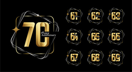 gold happy anniversary logotype set. 61, 62, 63, 64, 65, 66, 67, 68, 69, 70