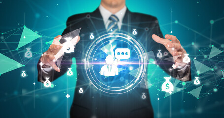 Businessman holdig business icons concept