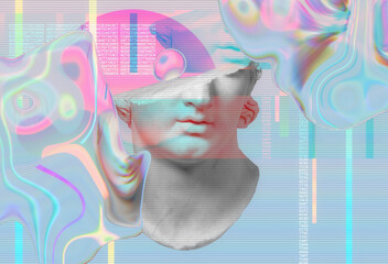 3D portrait of an antique sculpture with a glitch effect. Cyberpunk style. Conceptual disease of artificial intelligence. Virtual reality. Deep learning and suspicion systems.