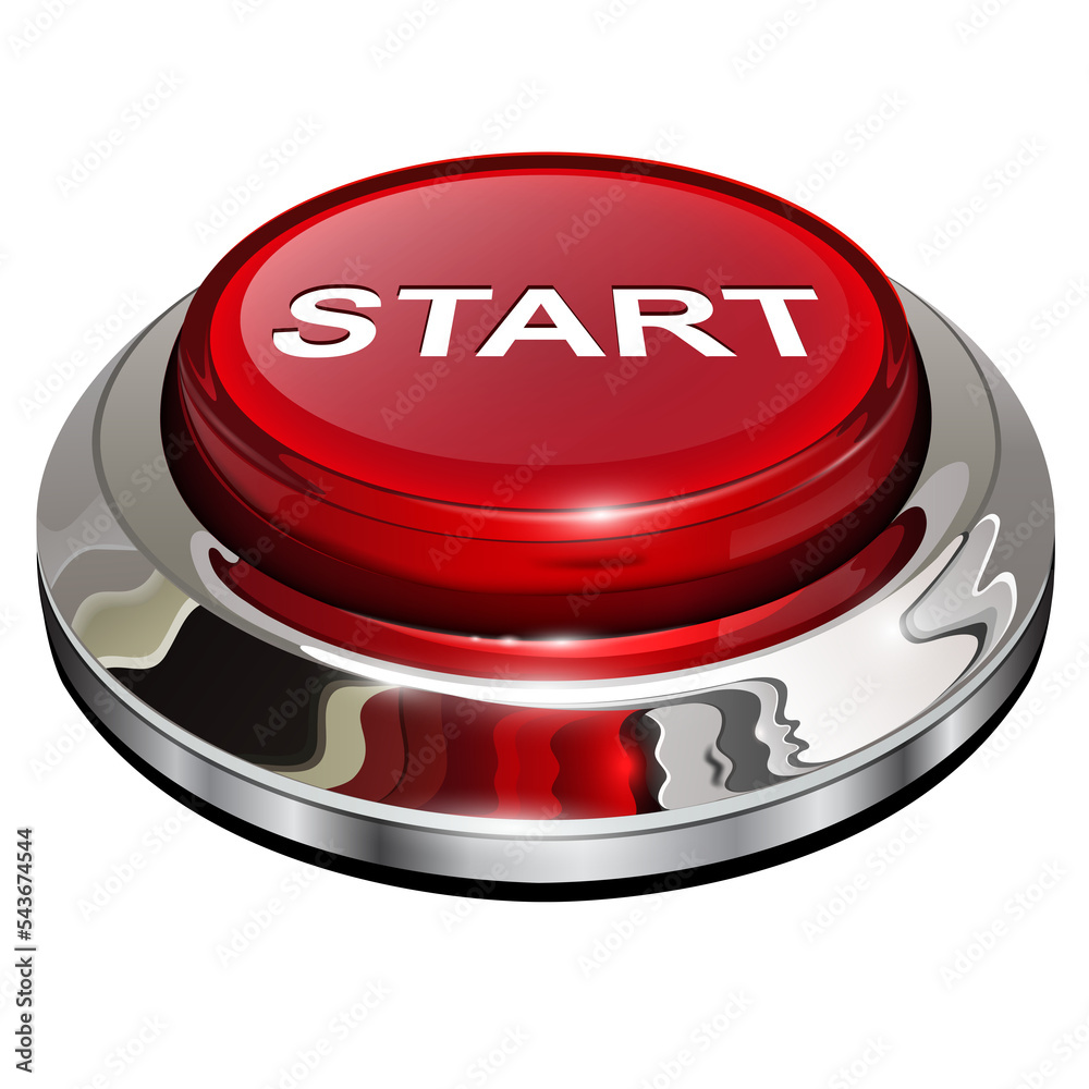 Poster Start button, 3d red glossy metallic icon isolated.