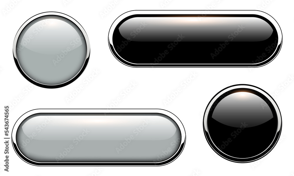 Aufkleber glossy buttons with metallic, chrome elements, black and gre isolated.
