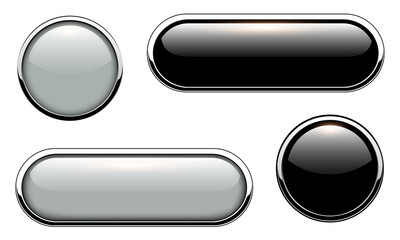 Glossy buttons with metallic, chrome elements, black and gre isolated.