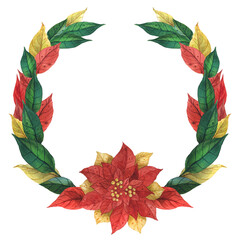 Fototapeta premium Christmas floral wreath with winter plant poinsettia. Watercolor round border