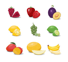 Fruit cartoon set. Vegan organic eco products collection. vector illustration