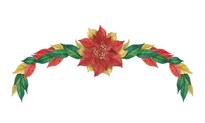 Christmas floral garlands with winter plant poinsettia. Watercolor border