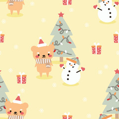 Cute Bear and Snowman in Christmas Theme Seamless Pattern