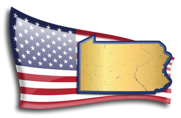 U.S. states - map of Pennsylvania against an American flag. Rivers and lakes are shown on the map. American Flag and State Map can be used separately and easily editable.