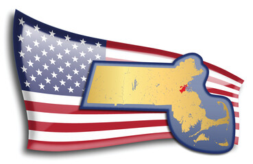 U.S. states - map of Massachusetts against an American flag. Rivers and lakes are shown on the map. American Flag and State Map can be used separately and easily editable. - 543675592