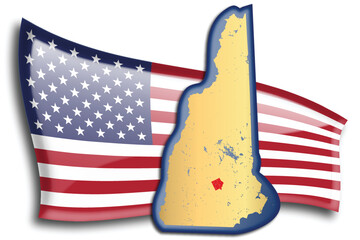U.S. states - map of New Hampshire against an American flag. Rivers and lakes are shown on the map. American Flag and State Map can be used separately and easily editable.