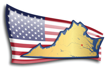 U.S. states - map of Virginia against an American flag. Rivers and lakes are shown on the map. American Flag and State Map can be used separately and easily editable.