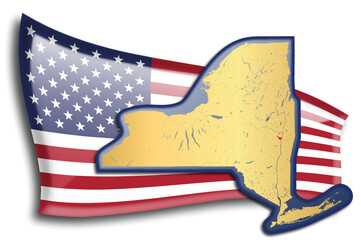 U.S. states - map of New York against an American flag. Rivers and lakes are shown on the map. American Flag and State Map can be used separately and easily editable. - 543675764