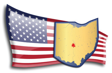 U.S. states - map of Ohio against an American flag. Rivers and lakes are shown on the map. American Flag and State Map can be used separately and easily editable.