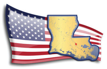 U.S. states - map of Louisiana against an American flag. Rivers and lakes are shown on the map. American Flag and State Map can be used separately and easily editable.