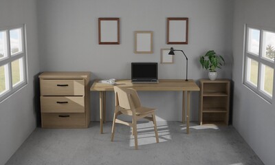 3d render interior room. minimal style design. working desk. home interior design. template for website, wallpaper, and mockup.