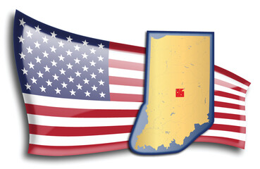 U.S. states - map of Indiana against an American flag. Rivers and lakes are shown on the map. American Flag and State Map can be used separately and easily editable.