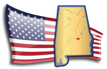 U.S. states - map of Alabama against an American flag. Rivers and lakes are shown on the map. American Flag and State Map can be used separately and easily editable.