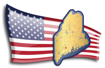 U.S. states - map of Maine against an American flag. Rivers and lakes are shown on the map. American Flag and State Map can be used separately and easily editable.