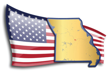U.S. states - map of Missouri against an American flag. Rivers and lakes are shown on the map. American Flag and State Map can be used separately and easily editable.