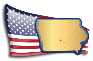 U.S. states - map of Iowa against an American flag. Rivers and lakes are shown on the map. American Flag and State Map can be used separately and easily editable.