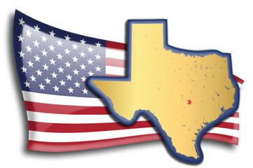U.S. states - map of Texas against an American flag. Rivers and lakes are shown on the map. American Flag and State Map can be used separately and easily editable.