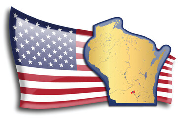 U.S. states - map of Wisconsin against an American flag. Rivers and lakes are shown on the map. American Flag and State Map can be used separately and easily editable.