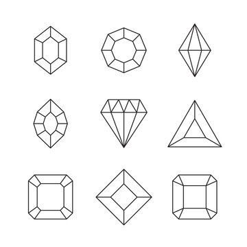 Gems and jewels set. Precious stones and diamonds collection, Game loot UI line icons, vector illustration