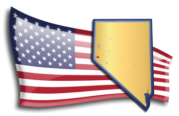 Golden Map of The Silver State against an American Flag. Rivers and lakes are shown on the map. American Flag and State Map can be used separately and easily editable.