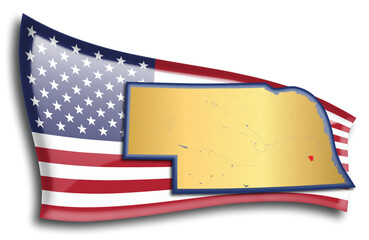 U.S. states - map of Nebraska against an American flag. Rivers and lakes are shown on the map. American Flag and State Map can be used separately and easily editable.