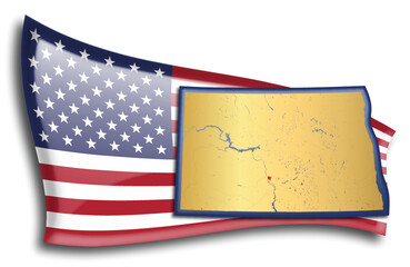 U.S. states - map of North Dakota against an American flag. Rivers and lakes are shown on the map. American Flag and State Map can be used separately and easily editable.