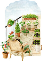 Young woman in straw hat rests in an arm-chair after garden work on balcony between plants. Back view. Watercolor illustration.