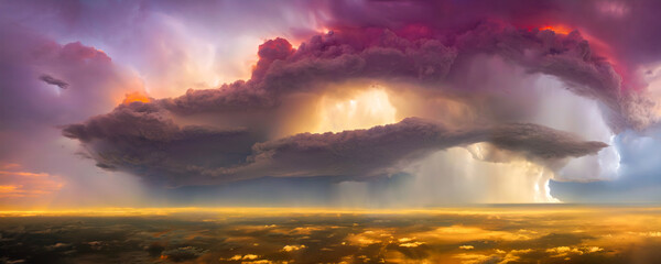 Beautiful and colorful rain cloud system, dramatic cloudscape with dark sky, Lightning clouds, Cumulonimbus. Mother nature, weather system, stormy day. Render	