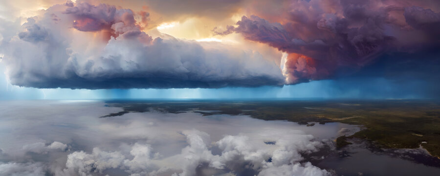 Beautiful storm cloud system over landscape, dramatic cloudscape with dark sky, Cumulonimbus. Mother nature, weather system, stormy day with dramatic lighting effects and beautiful scenery. Render	