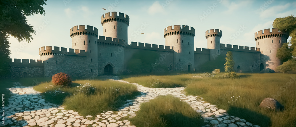 Wall mural artistic concept painting of a beautiful wilderness landscape, with a picturesque castle in the back