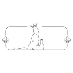 Outline illustration of woman sitting with cat. Young lady wearing crown. Thin line frame with heraldic lily for pet shop branding © JEGAS RA