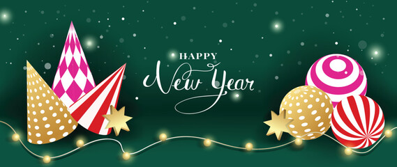 Obraz premium Merry christmas and happy new year concept background vector. Decorative elements of red, pink, gold, dot, stripe ball, party hat, light. Design for banner, invitation, card, greeting, cover, poster.