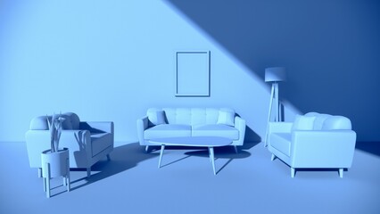 blue living room 3D rendering monochrome space with sofa and table