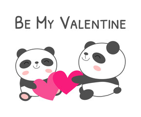 Be my valentine greeting card with kawaii pandas vector illustration. Cute grey two panda bears with pink hearts and celebration phrase. For print, tee