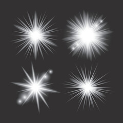 White light glow effect, light rays set. Radiant flash, lens flare, on dark background, vector illustration