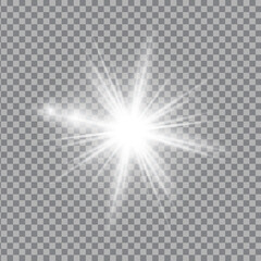 White light glow effect, light rays. Radiant flash, lens flare, vector illustration