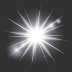 White light glow effect, light rays. Radiant flash, lens flare, on dark background, vector illustration