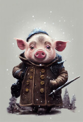 Pencil drawing. Artwork. Pretty piglet adventurer. Winter.