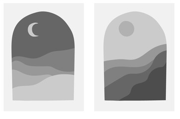 Collection of modern simple landscapes in boho style in monochrome colors. Mountains, hills and sun with moon on a gray background