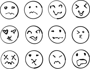 Vector Happy Doodle Smile Collection Isolated on White Background. Simple Faces. Cute Icon Set.
