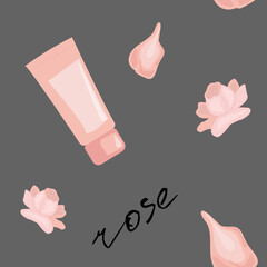 face cream on a gray background, pink rose and rose petals with a beautiful inscription