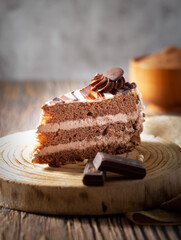 Delicious chocolate cake with fluffy cocoa sponge and marble effect icing. Dark food